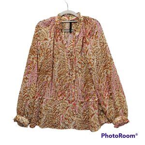 Bellatrix Blouse Womens L Sheer Pink Brown Cream High neck tie cuffs retro caree